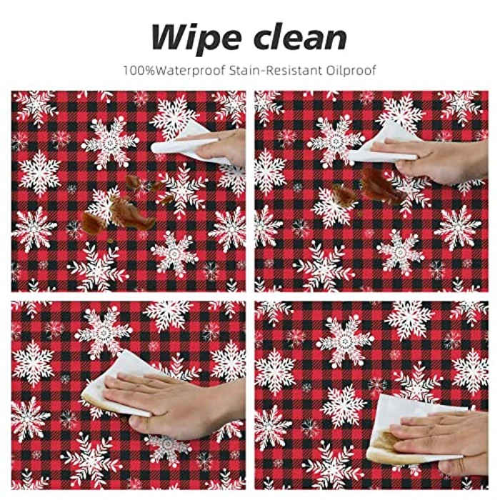 Fiokroo Christmas Snowflakes Checkered Tablecloth with Elastic Edge, Round Table Cloth Xmas Plaid Washable Reusable Table Cover for Kitchen Dining Party Picnic, Medium by Fiokroo - Image 4
