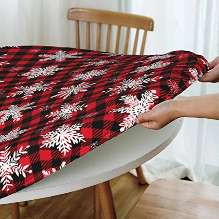 Fiokroo Christmas Snowflakes Checkered Tablecloth with Elastic Edge, Round Table Cloth Xmas Plaid Washable Reusable Table Cover for Kitchen Dining Party Picnic, Medium by Fiokroo - Image 5