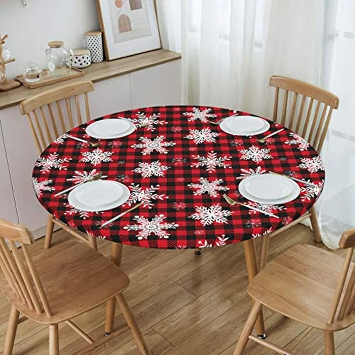 Fiokroo Christmas Snowflakes Checkered Tablecloth with Elastic Edge, Round Table Cloth Xmas Plaid Washable Reusable Table Cover for Kitchen Dining Party Picnic, Medium by Fiokroo - Image 7