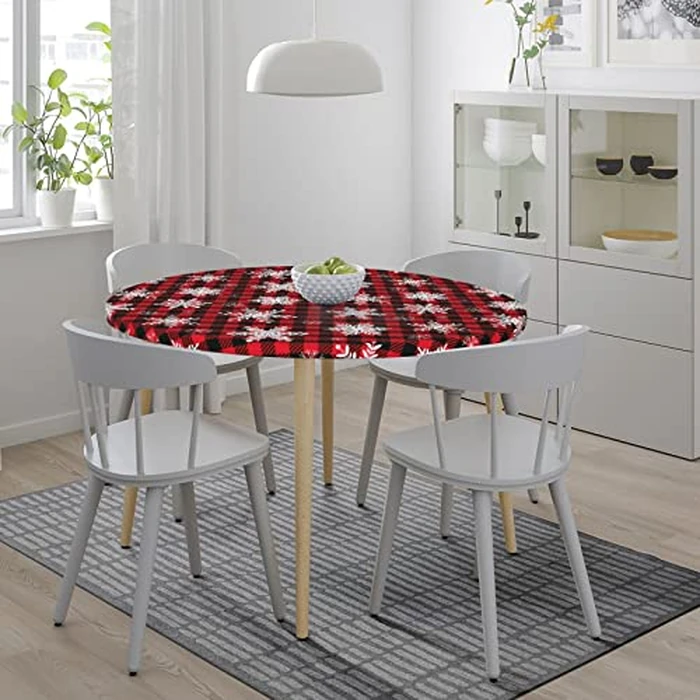 Fiokroo Christmas Snowflakes Checkered Tablecloth with Elastic Edge, Round Table Cloth Xmas Plaid Washable Reusable Table Cover for Kitchen Dining Party Picnic, Medium by Fiokroo - Image 8