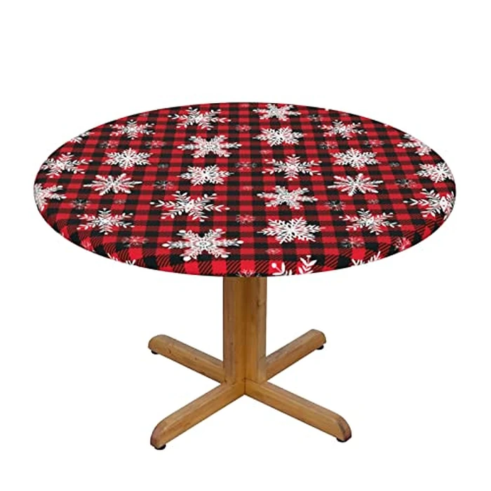 Fiokroo Christmas Snowflakes Checkered Tablecloth with Elastic Edge, Round Table Cloth Xmas Plaid Washable Reusable Table Cover for Kitchen Dining Party Picnic, Medium by Fiokroo - Image 9