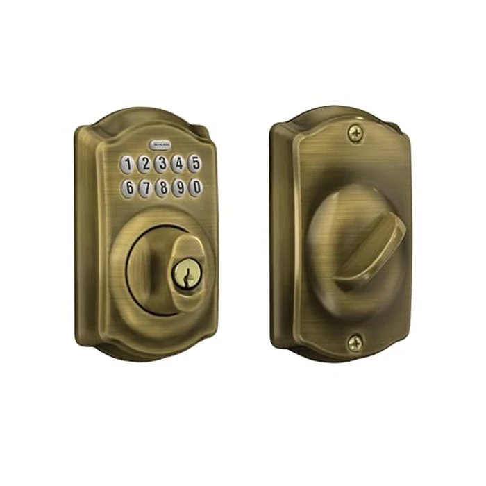 Schlage Camelot Electronic Keypad Deadbolt Lock, Keyless Front Door Entry, Mechanical Key Backup Included, Antique Brass, BE365 CAM 609 by SCHLAGE - Image 1