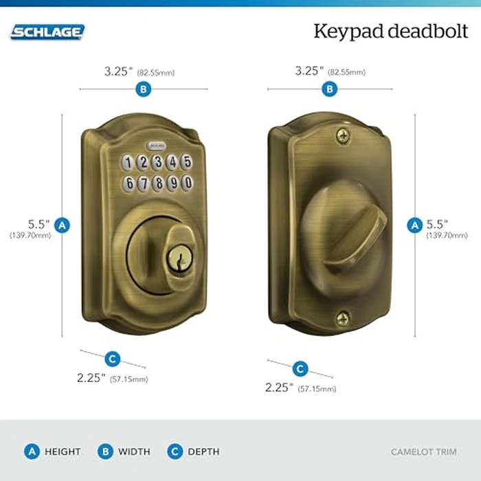 Schlage Camelot Electronic Keypad Deadbolt Lock, Keyless Front Door Entry, Mechanical Key Backup Included, Antique Brass, BE365 CAM 609 by SCHLAGE - Image 3