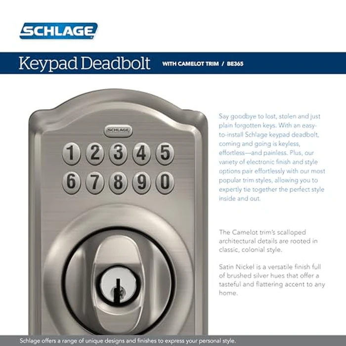 Schlage Camelot Electronic Keypad Deadbolt Lock, Keyless Front Door Entry, Mechanical Key Backup Included, Antique Brass, BE365 CAM 609 by SCHLAGE - Image 5