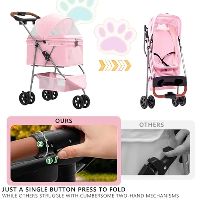 Pet Stroller for Small/Medium Dogs and Cats, Foldable 3 Wheel Jogger with One-Click Fold, Breathable Mesh, Storage Basket, Cup Holder, Weather Cover, (Pink) by SilverRover - Image 4