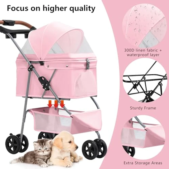 Pet Stroller for Small/Medium Dogs and Cats, Foldable 3 Wheel Jogger with One-Click Fold, Breathable Mesh, Storage Basket, Cup Holder, Weather Cover, (Pink) by SilverRover - Image 5