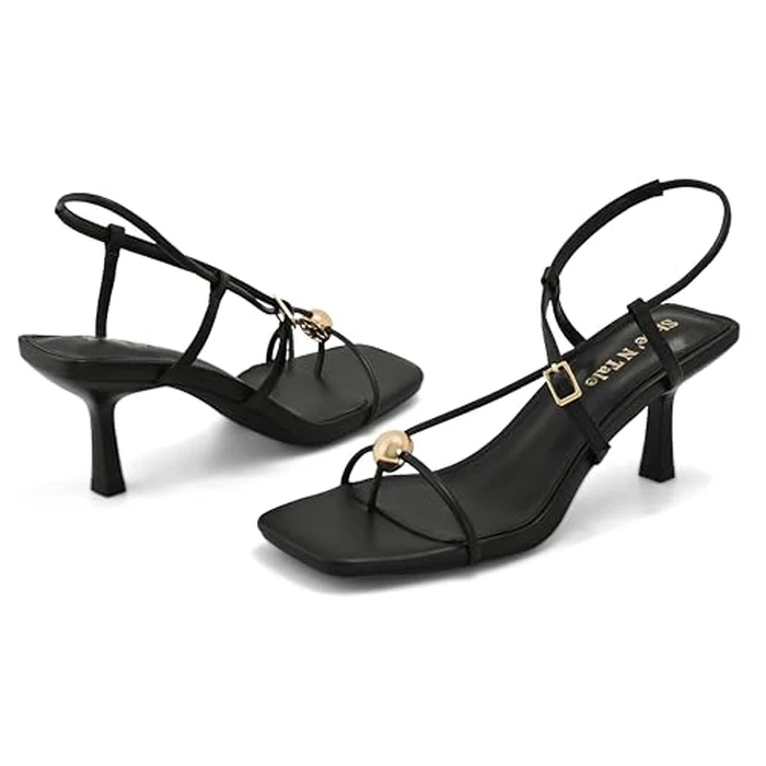 Shoe'N Tale Women's Kitten Heeled Sandals Flip Flop Square Open Toe Strappy Ankle Strap Dress Party Shoes(10,Black by Shoe'N Tale - Image 3