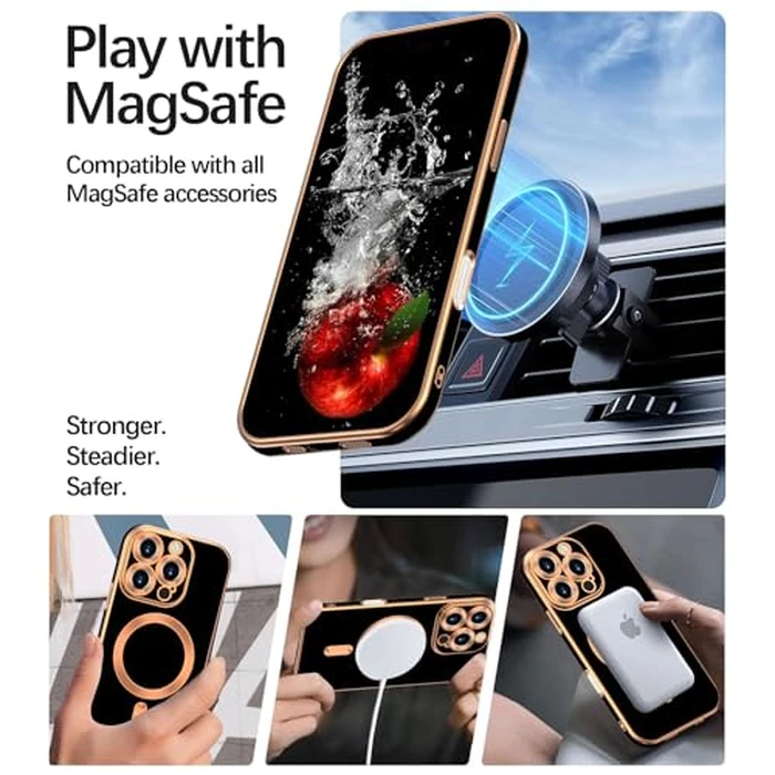 SouliGo Phone Case for iPhone 16 Pro Magnetic, iPhone 16 Pro Phone Cover Compatible with MagSafe, Slim Thin Luxury Gold Shockproof Protective Soft Rubber Bumper for iPhone 16 Pro 6.3 inch Cover Black by SouliGo - Image 4
