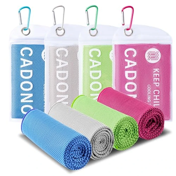 CADONO 4 Pack Cooling Towel (40"x12"), Soft Breathable Chilly Towel, Ice Towel, Microfiber Towel for Yoga, Sport, Running, Workout,Gym, Camping, Fitness, Workout & More Activities(Multicolor) by CADONO - Used - Very Good condition