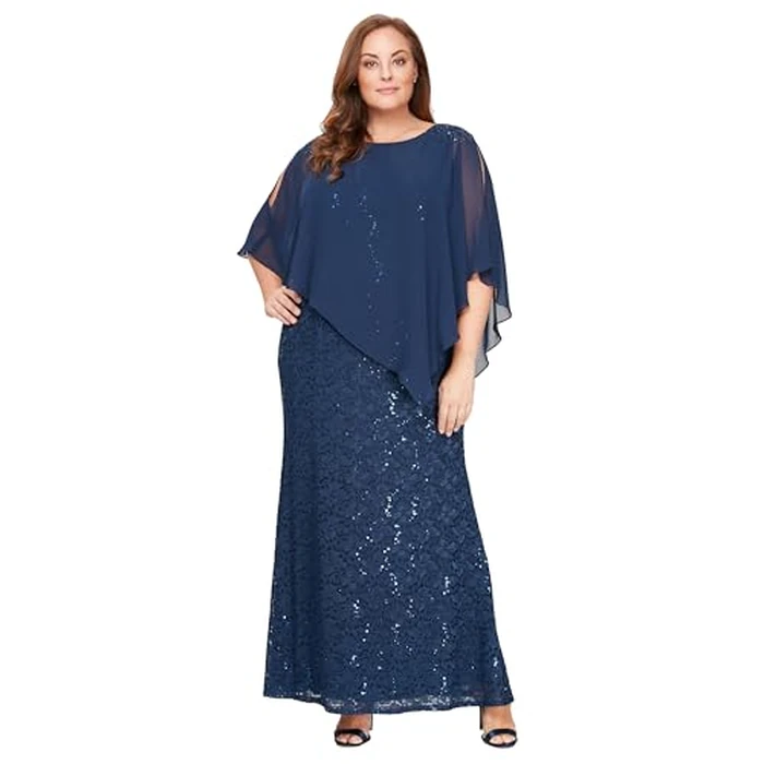 S.L. Fashions Women's Plus Size Long Length Sequin Lace Beaded Capelet Mother of The Bride Dress, Formal Evening Gown, New Navy, 22W by S.L. Fashions - Used - Like New condition - US$170.05