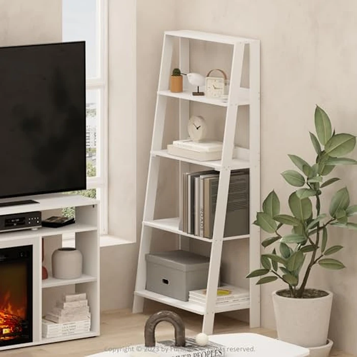 Furinno Ladder Book Shelf, 5-Tier Ladder Shelf, Bookshelf, Display Storage Shelves, 13 x 23.6 x 53.5, for Living Room, Home Office, White by Furinno - Image 2