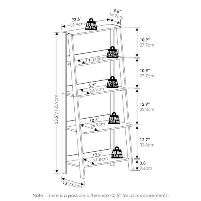 Furinno Ladder Book Shelf, 5-Tier Ladder Shelf, Bookshelf, Display Storage Shelves, 13 x 23.6 x 53.5, for Living Room, Home Office, White by Furinno - Image 7