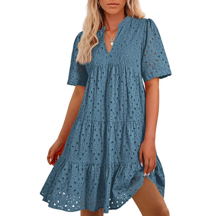 BTFBM Womens Boho Summer Dresses 2026 Spring V Neck Short Sleeve Hollow Out Lace Ruffle Casual Beach Mini Vacation Dress(Grey Blue, Medium) by BTFBM - Image 1