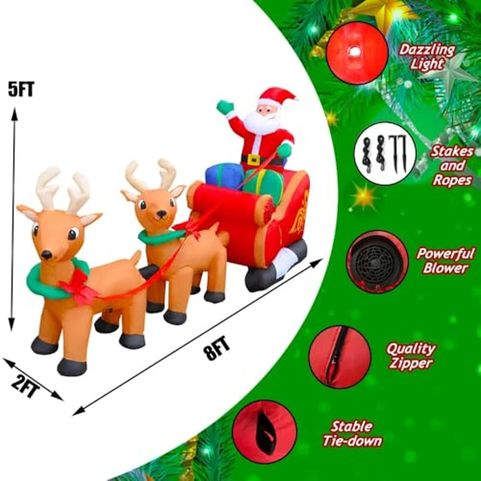 SEASONBLOW 8 Ft Inflatable Christmas Reindeer Pull The Sleigh Take Santa Claus Xmas Decoration for Yard Lawn Garden Home Party Indoor Outdoor by SEASONBLOW - Image 7