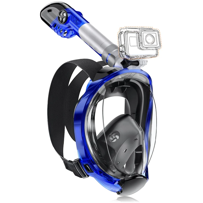 X99 Full Face Snorkel Mask for Adults, Snorkeling Gear with Latest Dry Top Breathing System Anti-Fog & Anti-Leak, 180 degreesPanoramic View Snorkeling Set Adult with Camera Mount(Blueblack S/M) by X99 - Used - Like New condition - CA$33.00