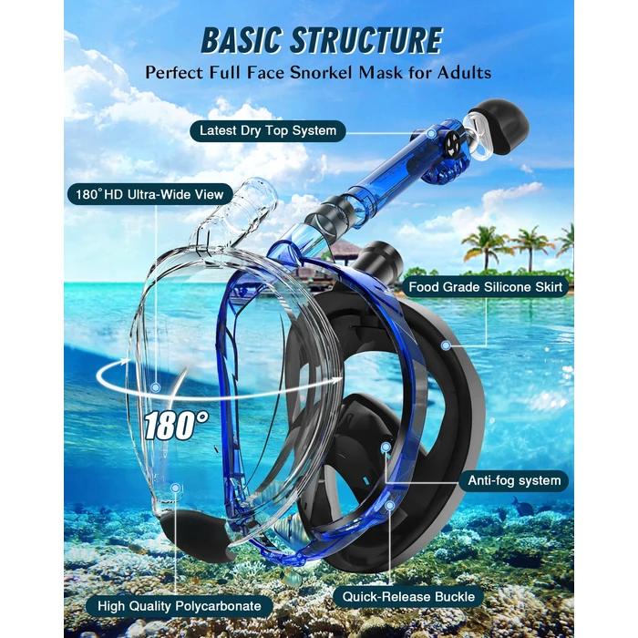 X99 Full Face Snorkel Mask for Adults, Snorkeling Gear with Latest Dry Top Breathing System Anti-Fog & Anti-Leak, 180 degreesPanoramic View Snorkeling Set Adult with Camera Mount(Blueblack S/M) by X99 - Image 2