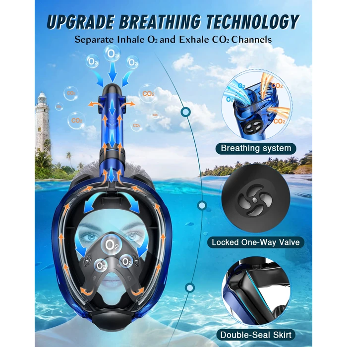 X99 Full Face Snorkel Mask for Adults, Snorkeling Gear with Latest Dry Top Breathing System Anti-Fog & Anti-Leak, 180 degreesPanoramic View Snorkeling Set Adult with Camera Mount(Blueblack S/M) by X99 - Image 3