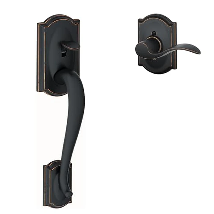 Schlage Camelot Front Entry Handleset with Left Handed Accent Door Lever, Lower Half Grip, Aged Bronze, FE285 CAM 716 Acc CAM LH by SCHLAGE - Used - Good condition