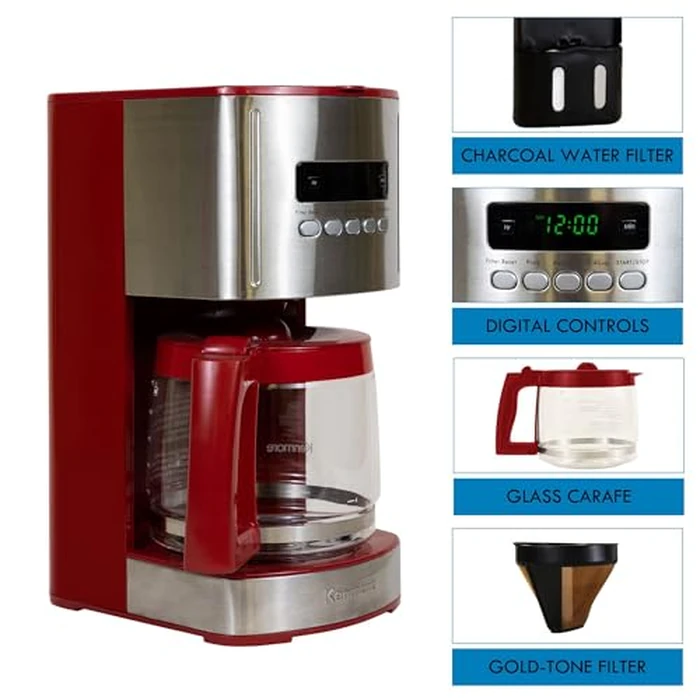 Kenmore Drip Coffee Maker - 12 Cup Programmable Cafe Machine With Glass Pot, Regular & Bold Brew, Auto Shut Off Large Water Reservoir, Reusable Filter, Kitchen Appliances For Cafeteria Barista, Red by Koolatron - Image 4