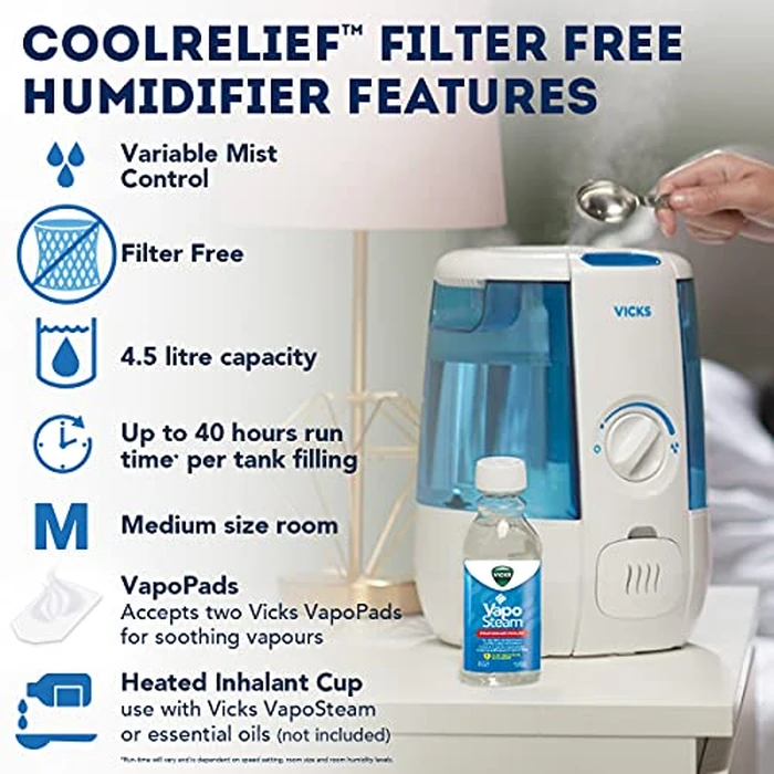 Vicks VUL600C CoolRelief Ultrasonic Cool Mist Humidifier, Medium Room Humidifier for Baby, Bedroom, Office Desk, with Variable Output Control, Scent Pad Slots, Inhalant Cup, Auto Shut-Off, 4.5L/1.2Gal by Vicks - Image 3