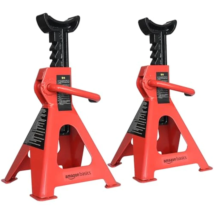 Amazon Basics Steel Jack Auto Stands, 3 Ton (2.7 metric Ton) Capacity, Easy to Use, Adjustable Height, 6,000 lb, 1 Pair, Black and Red by Amazon Basics - Image 1