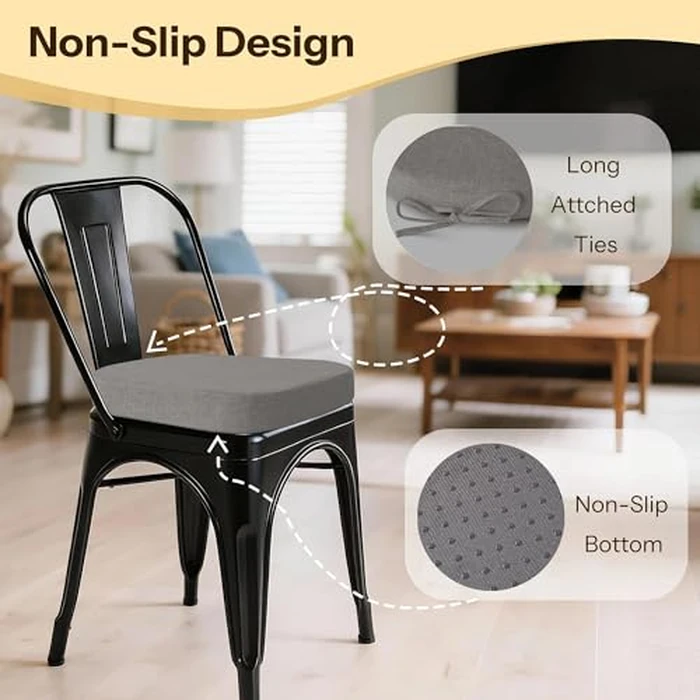 Flygulls Metal Chair Cushions 14" x 14" Set of 4 Non Slip Dining Chair Cushions for Metal Chairs with Ties and Washable Covers, Light Grey by FlyGulls - Image 3