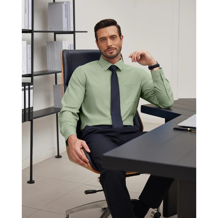 J.VER Sage Green Mens Dress Shirt Stretch Wrinkle Free Button Down Long Sleeve Shirts Business Casual Regular Fit Wear with Pocket Medium by J.VER - Image 2