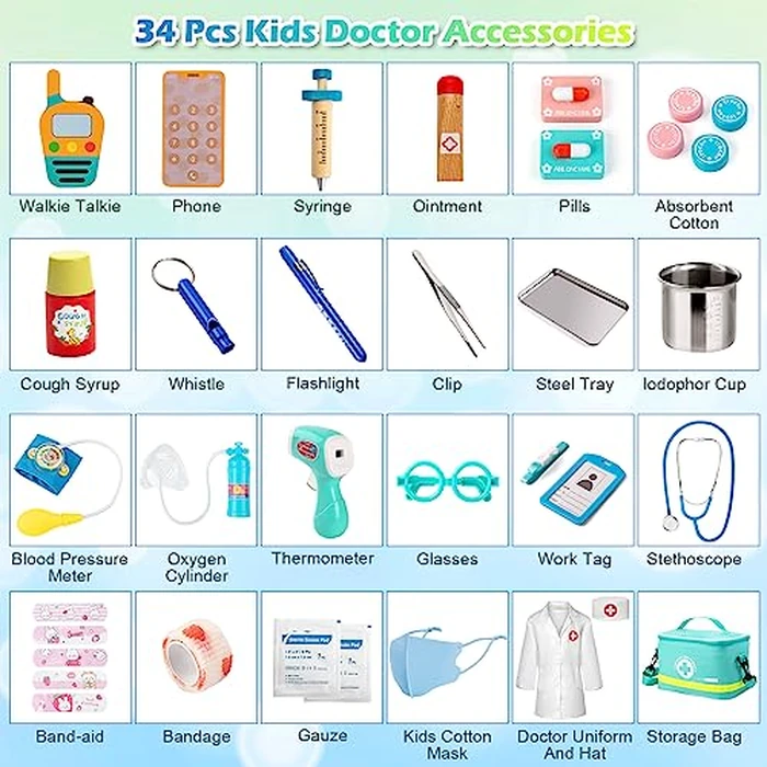 Sundaymot Doctor Kit for Kids, 34 Pcs Pretend Playset for Toddlers, Doctor kit for Toddlers 3-5, with Medical Bag, Stethoscope and Other Accessories, for Boys and Girls Fun Role Playing Game by Sundaymot - Image 6