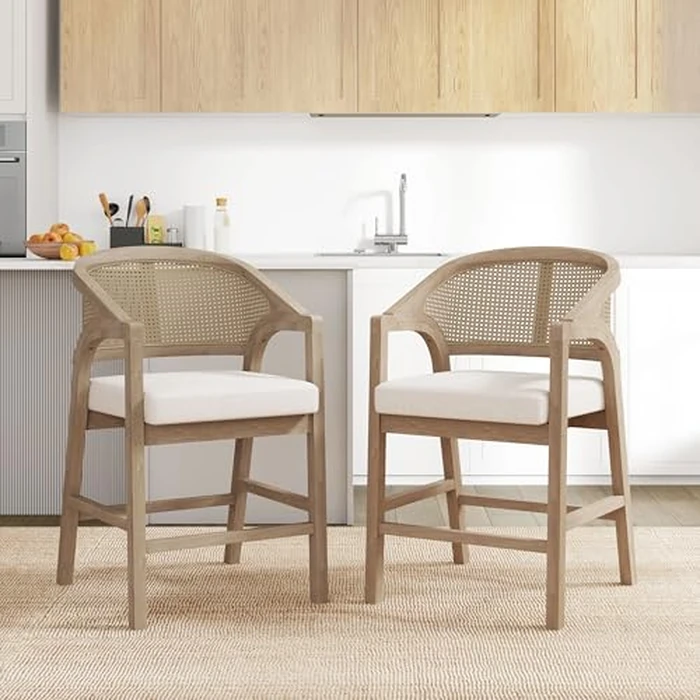 Christopher Knight Home Set of 2 Morley Wooden Counter Stool,Dining Room/Kitchen Island Barstool with footrest, Curved Backrest,Wicker/Cane Accents,Soft Removable Cushions, Light Beige+Light Ash by Christopher Knight Home - Image 1
