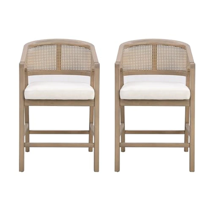 Christopher Knight Home Set of 2 Morley Wooden Counter Stool,Dining Room/Kitchen Island Barstool with footrest, Curved Backrest,Wicker/Cane Accents,Soft Removable Cushions, Light Beige+Light Ash by Christopher Knight Home - Image 2