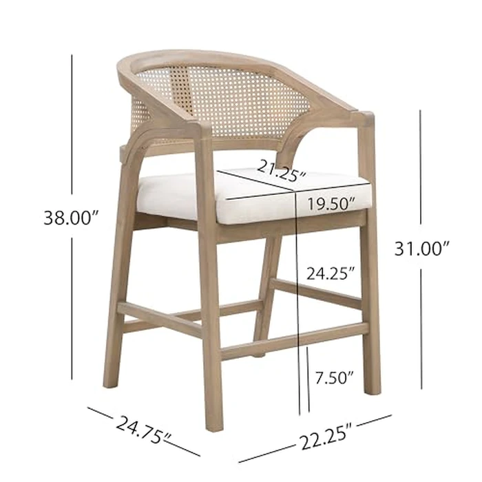 Christopher Knight Home Set of 2 Morley Wooden Counter Stool,Dining Room/Kitchen Island Barstool with footrest, Curved Backrest,Wicker/Cane Accents,Soft Removable Cushions, Light Beige+Light Ash by Christopher Knight Home - Image 6