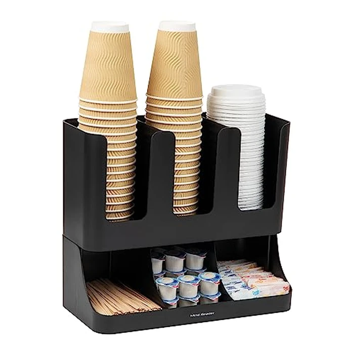 Mind Reader Cup and Condiment Station, 13 Inch Countertop Coffee Bar Organizer with 6 Compartments, Storage Caddy for Cups, Lids and Packets, Plastic, Black by Mind Reader - Image 2