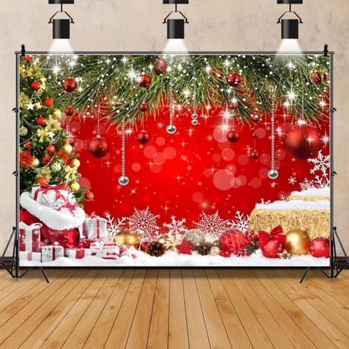 Pnylzzyxh 10x8ft Christmas Red Backdrop for Photography Xmas Ball Gifts Bell Pine Tree Backdrops Rustic Snow New Year Decor Background Kids Portrait Photobooth Family Party Baby Shower Decorations by Pnylzzyxh - Used - Good condition
