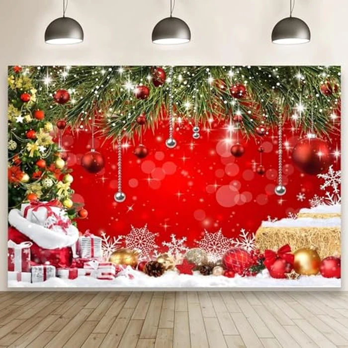 Pnylzzyxh 10x8ft Christmas Red Backdrop for Photography Xmas Ball Gifts Bell Pine Tree Backdrops Rustic Snow New Year Decor Background Kids Portrait Photobooth Family Party Baby Shower Decorations by Pnylzzyxh - Image 2