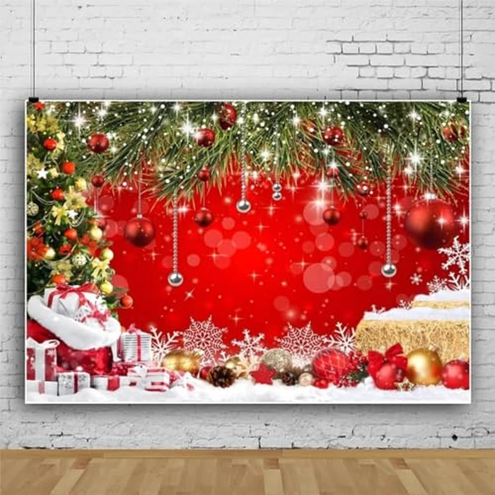 Pnylzzyxh 10x8ft Christmas Red Backdrop for Photography Xmas Ball Gifts Bell Pine Tree Backdrops Rustic Snow New Year Decor Background Kids Portrait Photobooth Family Party Baby Shower Decorations by Pnylzzyxh - Image 4