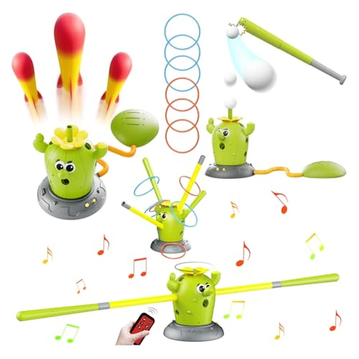 Cactus 4-in-1 Musical Jumping Toys Set with Ring Toss, Stomping Rocket Launcher and Baseball Game, Fun Indoor and Outdoor Toys for Active Play Sports Toy for Kids Ages 3 4 5 6 7 8+ Boys & Girls. by Oppvoci - Image 1