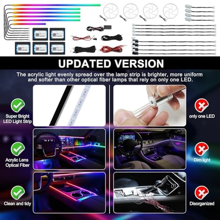 Dreamcolor Acrylic Interior Car LED Strip Light with Wireless APP, RGB 22 in 1 with 175 inches 600 LEDs Fiber Optic Ambient Lighting Kits, Dual Zone Sound Active Function LED Strip for Car by MAODANER - Image 5