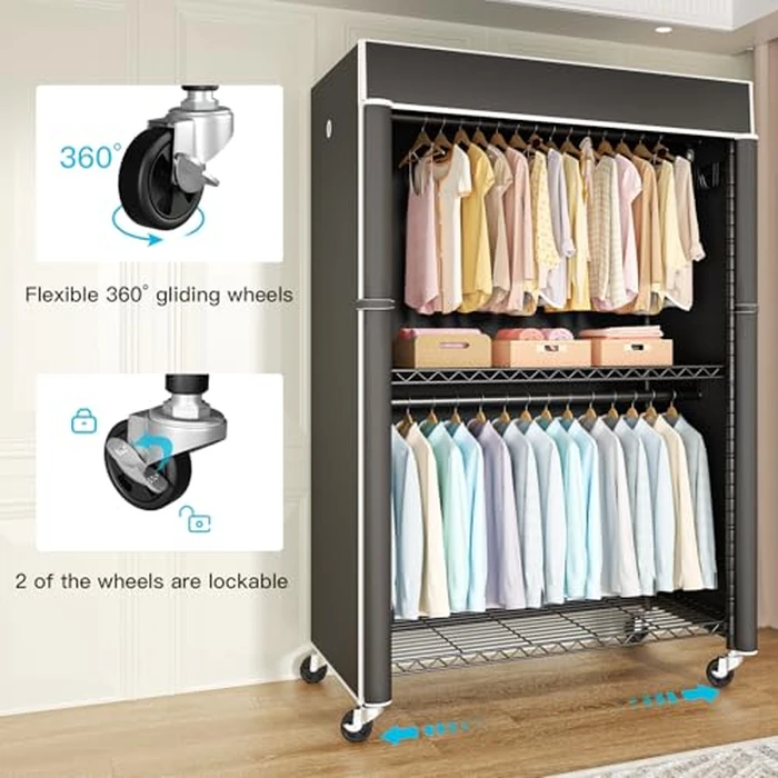 FUTASSI Black Clothing Rack with Black Cover, P1C Plus Rolling Closet with Wheels, Metal Garment Rack for Hanging Clothes, Clothing Storage Wardrobe, 46" W x 18.5" D x 80.7" H, Load 524 Pounds by FUTASSI - Image 2