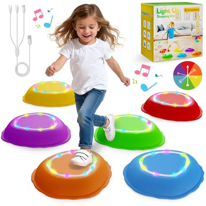 Scvcid Rechargeable Stepping Stones for Kids, 6pcs Music and Light Up Non-Slip Balance Sensory Toys for Toddler, Kids Indoor and Outdoor Play Equipment, Birthday Gifts Toys for 2 3 4 5+ Year Old Kids by Scvcid - Used - Very Good condition - US$42.74