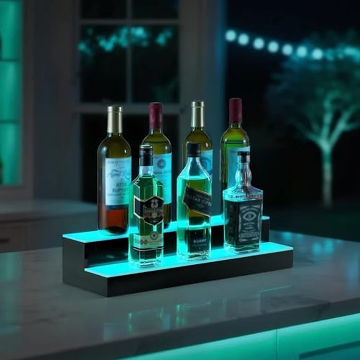 VEVOR LED Lighted Liquor Bottle Display, 2 Tiers 20 Inches Whiskey Rack, Supports USB, Illuminated Home Bar Shelf with RF Remote & App Control, 9 Static Colors, Acrylic Lighted Shelf for 10 Bottles by VEVOR - Image 2