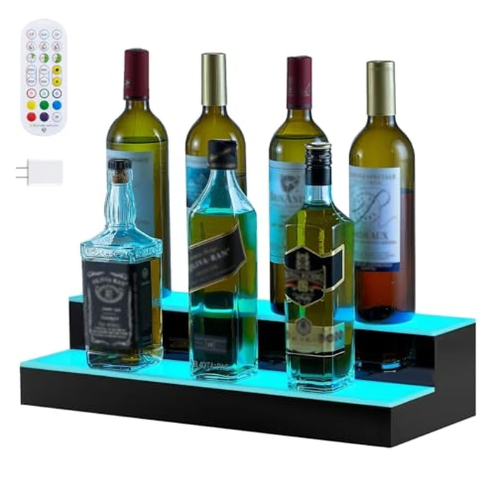 VEVOR LED Lighted Liquor Bottle Display, 2 Tiers 20 Inches Whiskey Rack, Supports USB, Illuminated Home Bar Shelf with RF Remote & App Control, 9 Static Colors, Acrylic Lighted Shelf for 10 Bottles by VEVOR - Image 3