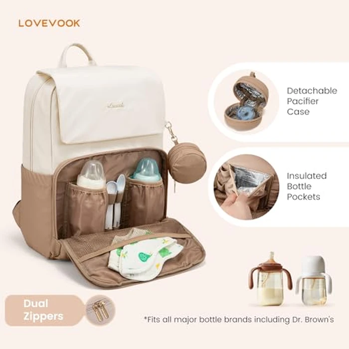 LOVEVOOK Diaper Bag Backpack, Baby Travel Bags for Boys & Girl, Toddler Waterproof Diaper Bag w/Changing Pad (Beige khaki, 15.6''-Small) by LOVEVOOK - Image 2