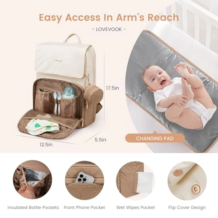 LOVEVOOK Diaper Bag Backpack, Baby Travel Bags for Boys & Girl, Toddler Waterproof Diaper Bag w/Changing Pad (Beige khaki, 15.6''-Small) by LOVEVOOK - Image 5