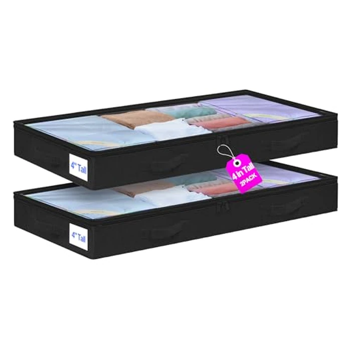 punemi Under Bed Storage Containers, Below 4 Inches Tall Low Profile Foldable Under Bed Storage,No Structure, Soft Fabric Blanket Storage and Clothing Storage with Zipper, 2 Pack, 20x40x3.7in, Black by punemi - Used - Like New condition