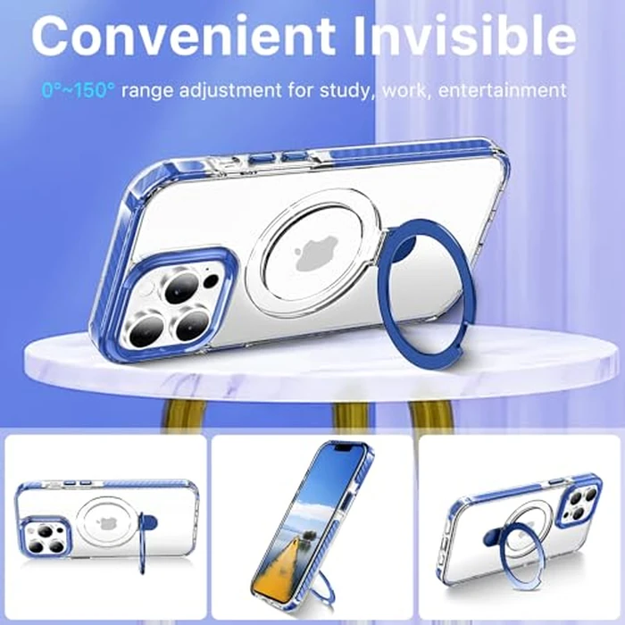 UMIONE for iPhone 12 Pro Magnetic case with Stand and Finger Ring, Compatible with magsafe, Shockproof Transparent Hard Plate, Full Body case, Universal for Boys and Girls 6.1 - Blue by U UMIONE - Image 2