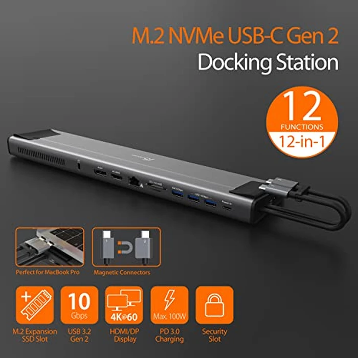 j5create USB C Dual 4K 60Hz Display Docking Station (12-in-1), Built-in M.2 SSD Slot, HDMI, DisplayPort, 10Gbps USB-A, Card Reader, PD 100W, Ethernet, for 2021 MacBook Pro (JCD552) by j5create - Image 2