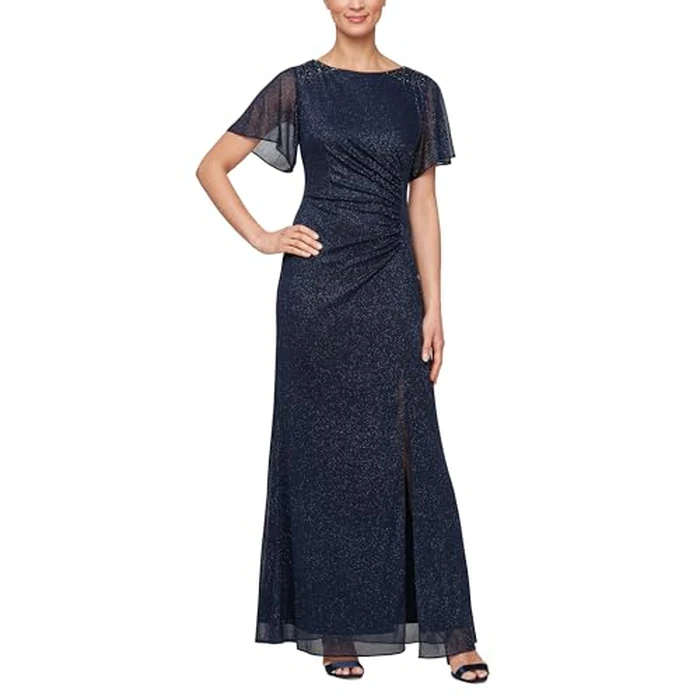 S.L. Fashions Women's Glitter Mesh Stretch Dress w/Shoulder Embellishment Formal Long Gown, (Petite and Regular Sizes), Navy, 16P by S.L. Fashions - Image 1