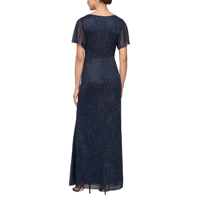 S.L. Fashions Women's Glitter Mesh Stretch Dress w/Shoulder Embellishment Formal Long Gown, (Petite and Regular Sizes), Navy, 16P by S.L. Fashions - Image 2