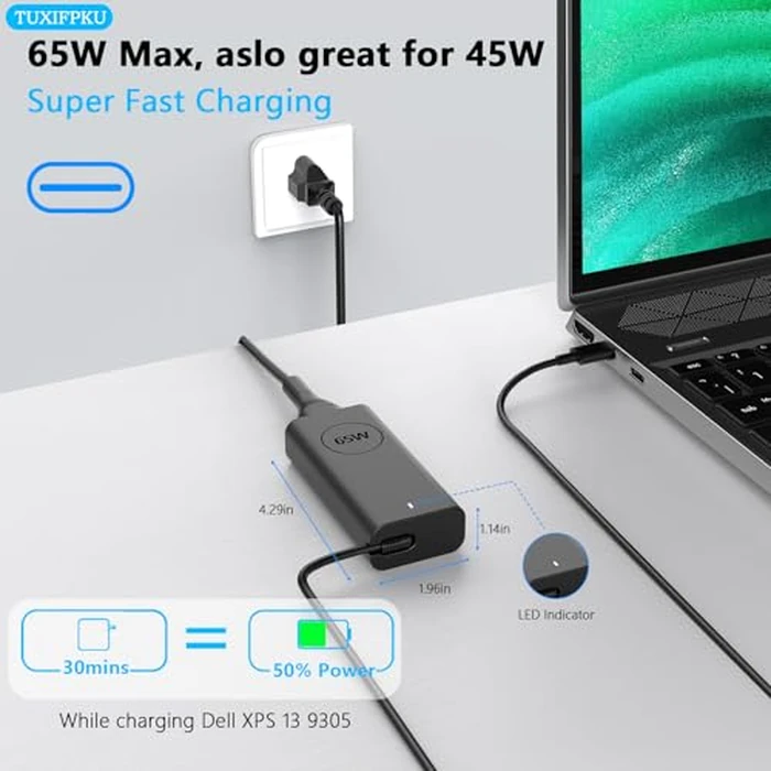 TUXIFPKU 65W Laptop Charger USB C Compatible with Dell Latitude 5420 5520 5320 5430 5440 5510 5410 5530 7430 7420 3520 7400 7440 Inspiron 14 7425 16 7620 2in1 XPS 13 Chromebook 3100 Type C Power Cord by TUXIFPKU - Image 3