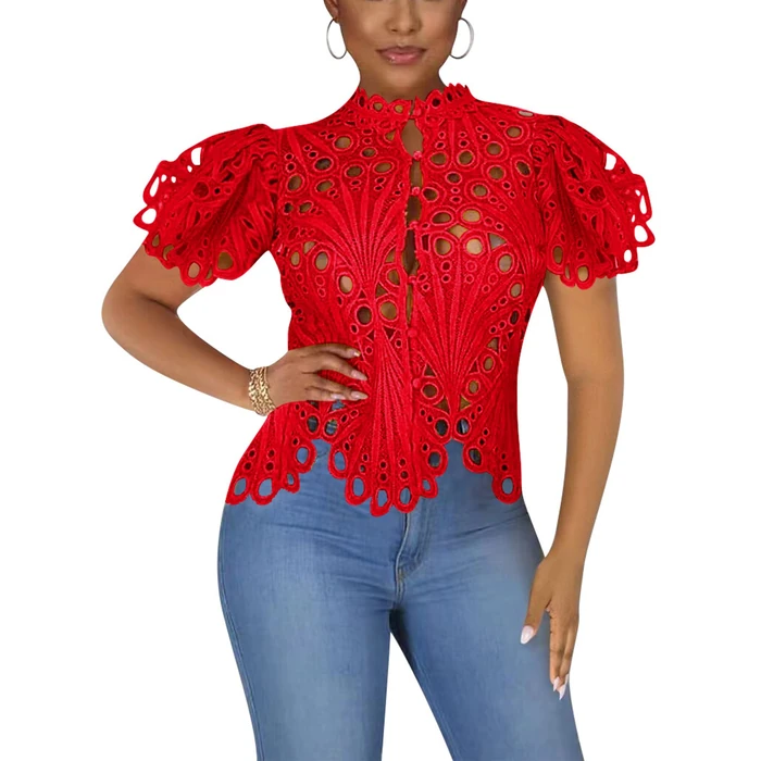 Doweha Ruffle Short Sleeve Blouses for Women Going Out See Through 2026 Summer Top Sexy Cute Peplum Button Down Shirt Tunic Red M by Doweha - Image 1